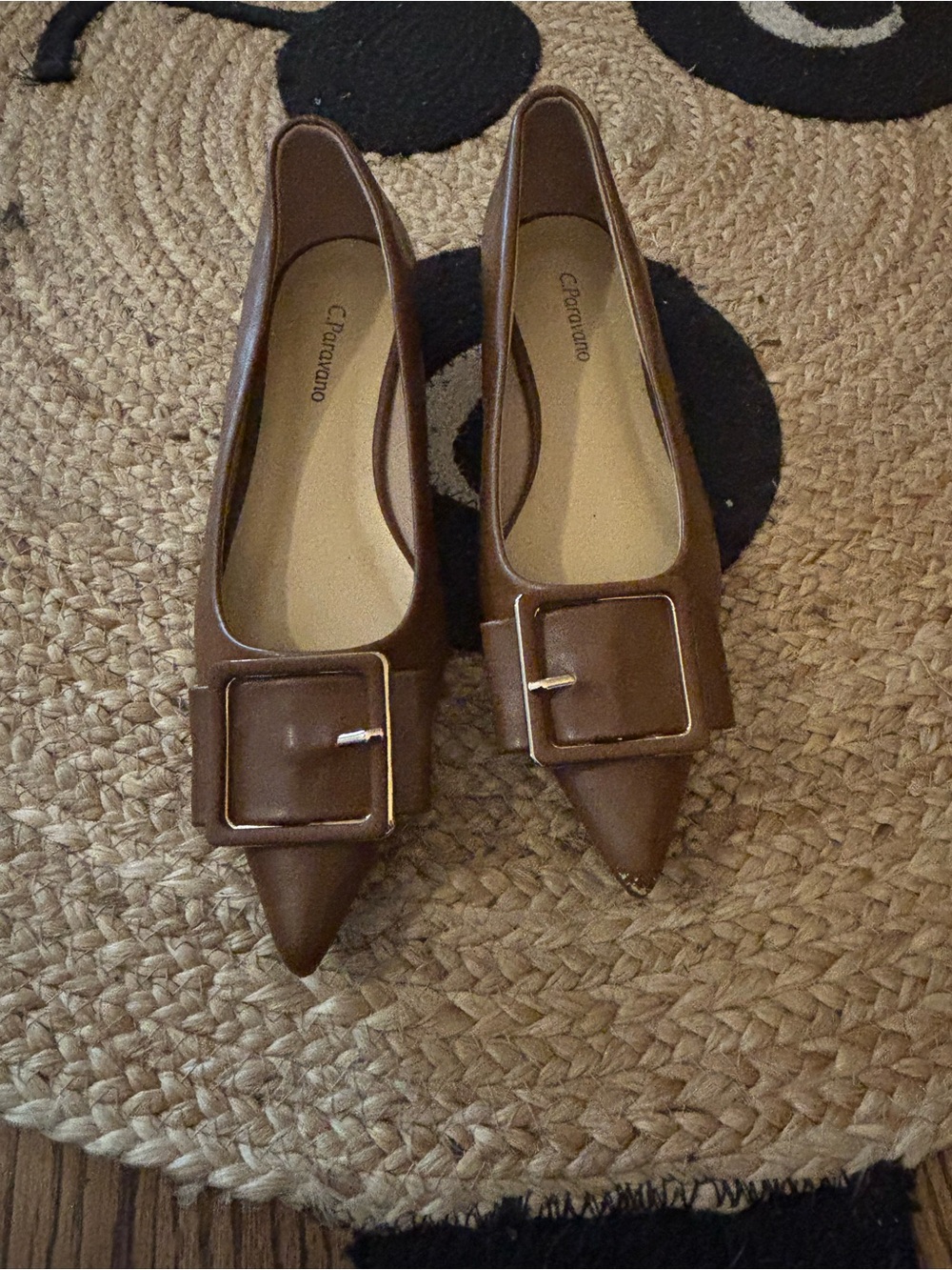 Caparros Brown Pointed Toe Buckle Flats with Square Accent